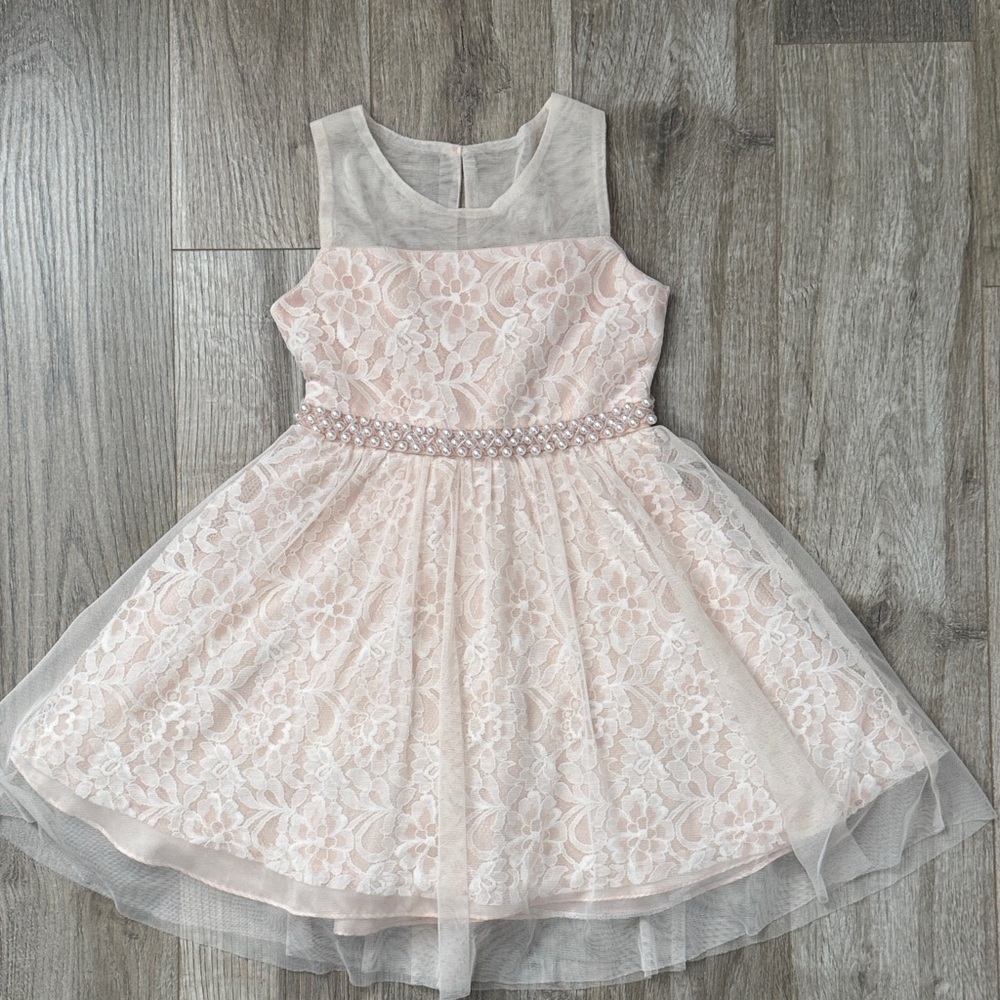 Rare Edition Girls' Lace Party Dress with Pearl Waistband Size 7